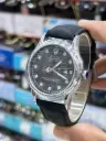 Black Silver Round Leather Rolex Watch