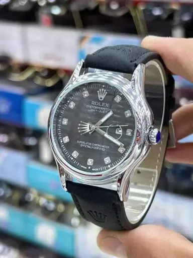 Black Silver Round Leather Rolex Watch